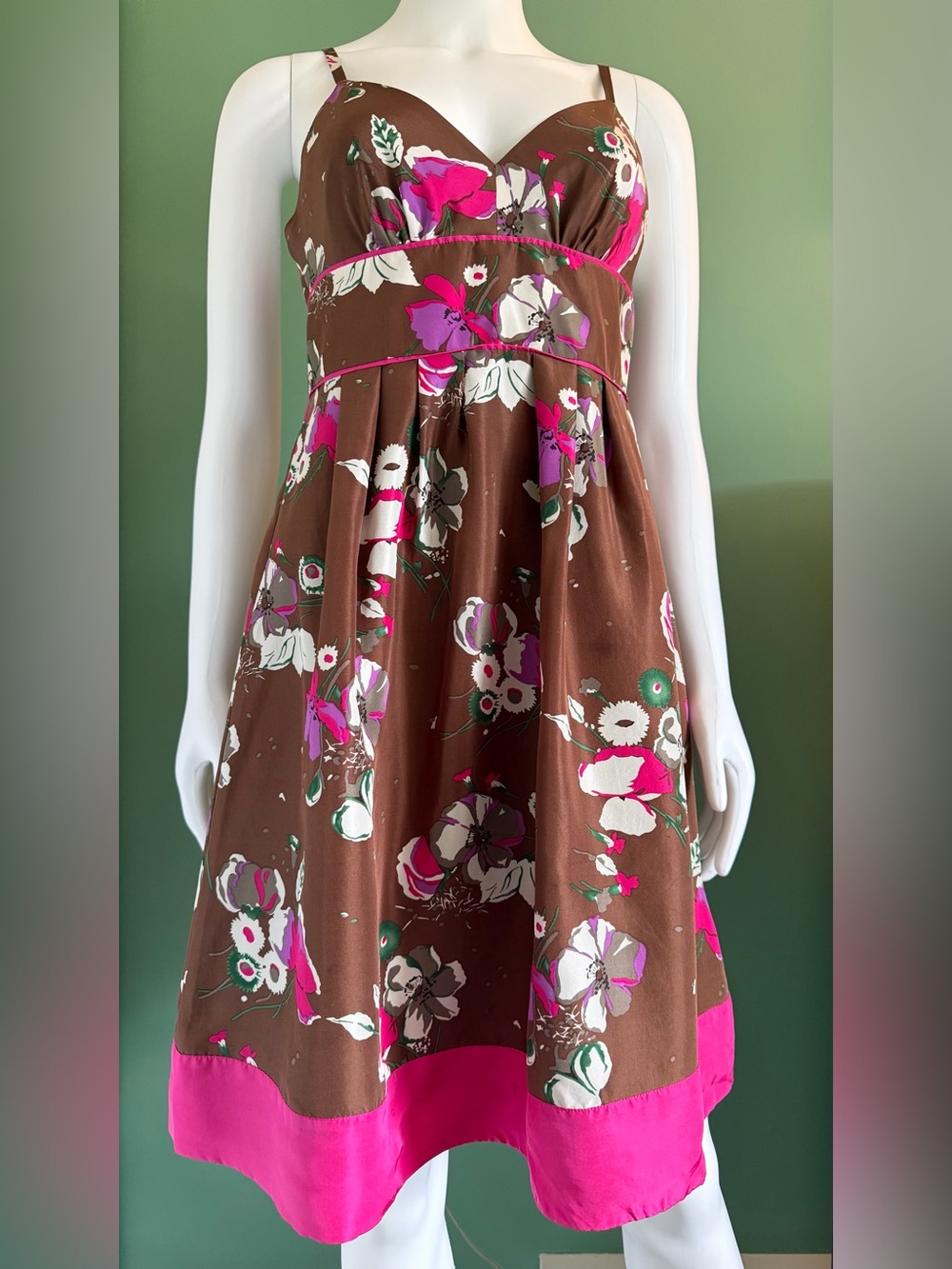 Guess Juniors Brown Floral Spaghetti-Strap Silk Dress with Hot Pink Accents